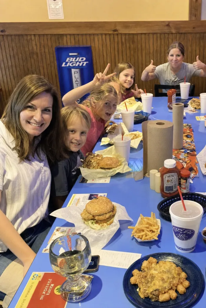 A community group dining at Blue Sky